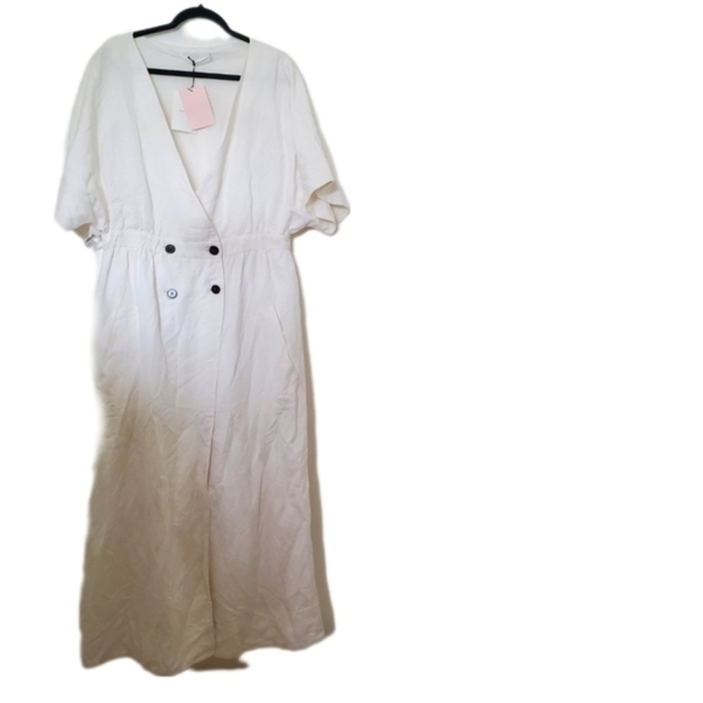 Fame and Partners NWT Women's Ivory Short Sleeve V-Neck Linen Style Maxi Dress